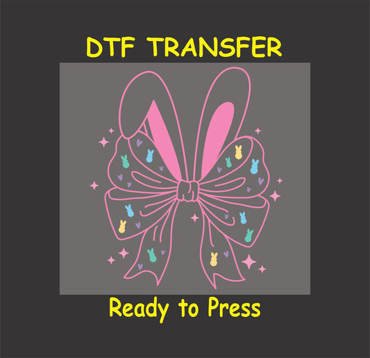 Pastel bow with bunny ears, tiny bunny silhouettes, hearts, and sparkles.