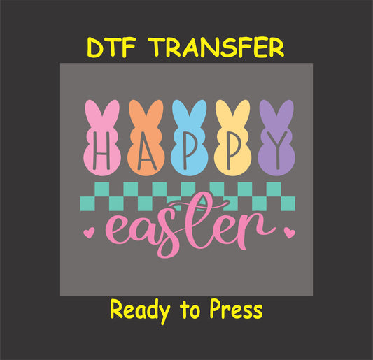 Pastel "Happy Easter" text with colorful bunny silhouettes and checkered accents.