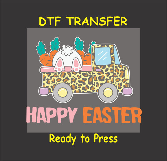 Leopard-print truck carrying a bunny and carrots with "Happy Easter" text.