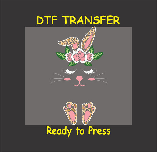 Bunny face with floral crown, leopard ears, and whiskers, Easter-themed DTF transfer.