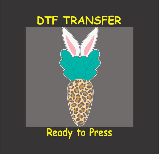 Leopard print carrot with green leaves and bunny ears DTF transfer.