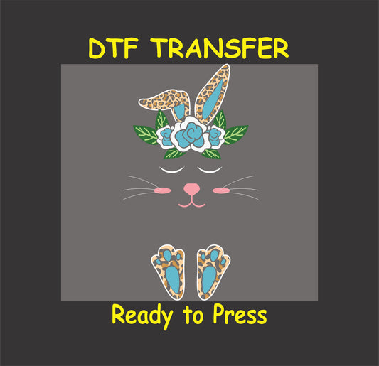 Floral bunny face DTF transfer with leopard ears and paws.