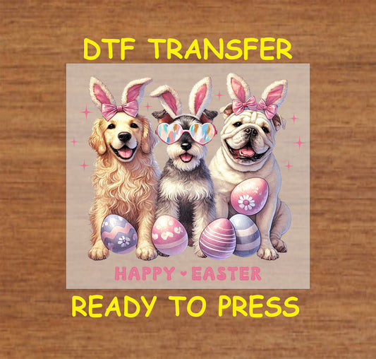 Three dogs wearing bunny ears with Easter eggs and "Happy Easter" text.