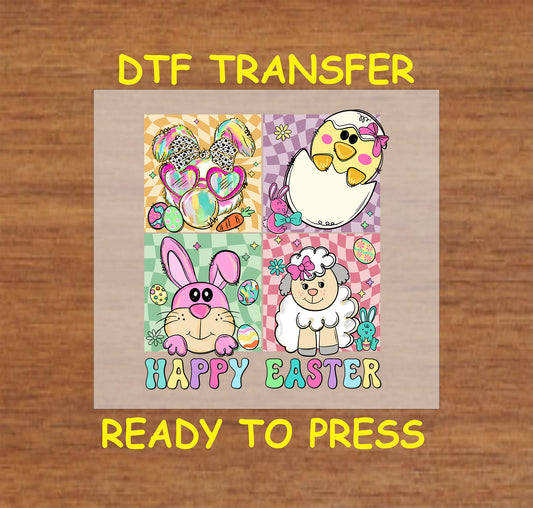 Colorful patchwork Easter DTF transfer with a bunny, chick, lamb, and decorative eggs.