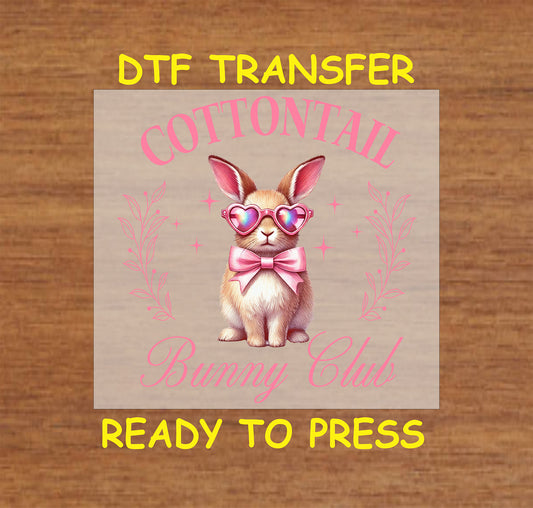 Cottontail Bunny Club DTF transfer featuring a stylish rabbit with heart sunglasses, pink bow, and floral accents.