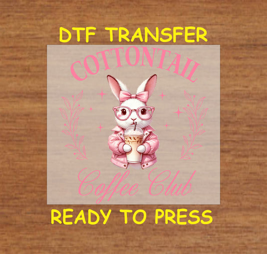 Cottontail Coffee Club DTF transfer featuring a stylish bunny with glasses, pink jacket, and an iced coffee.