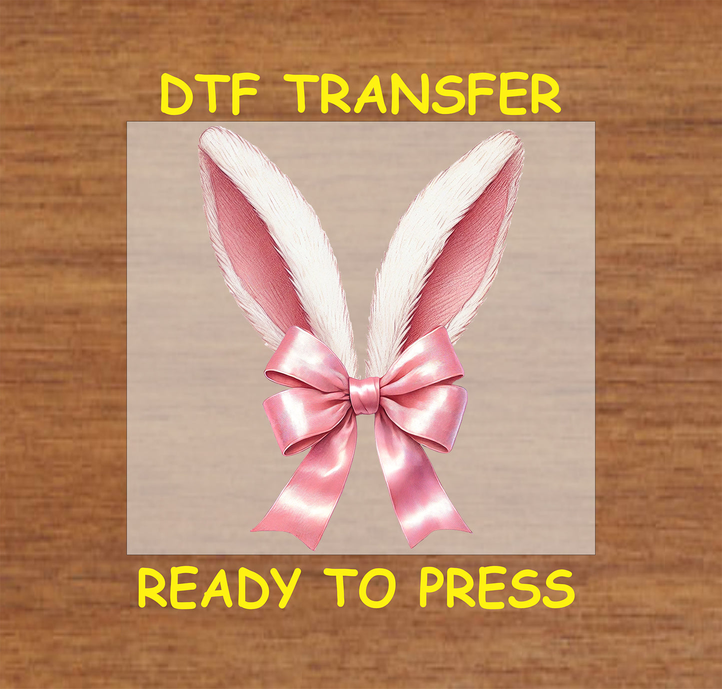 Bunny ears with a pink satin bow DTF transfer, ready to press for Easter apparel.