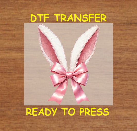 Bunny ears with a pink satin bow DTF transfer, ready to press for Easter apparel.