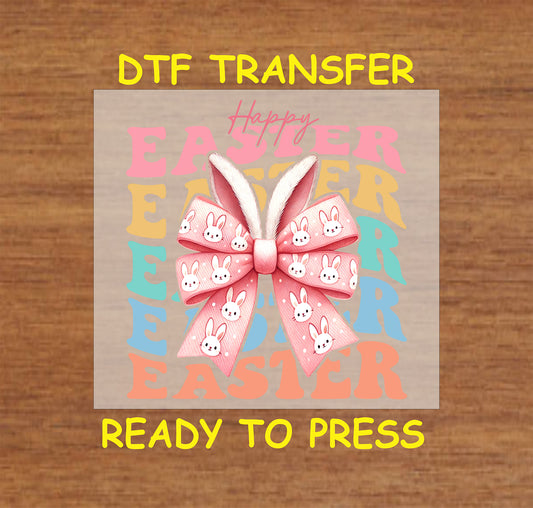 Easter bow with bunny ears DTF transfer, pink bow with bunny face pattern, ready to press.