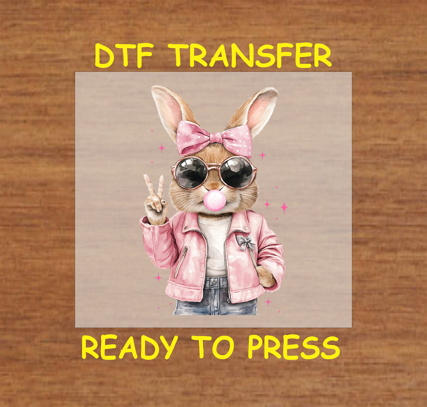 Trendy bunny DTF transfer, bunny with sunglasses, bubblegum, and pink jacket, ready to press.
