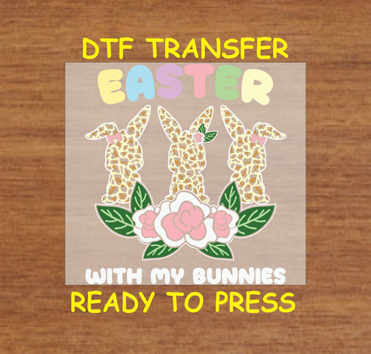 Easter Bunnies DTF Transfer with leopard print bunnies, pastel Easter text, and floral accents, ready to press.