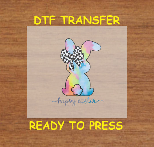 Pastel watercolor bunny with a polka dot bow and "Happy Easter" text, DTF transfer.