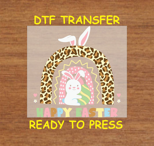 Bunny with Easter egg inside a leopard print arch, pastel Happy Easter DTF transfer.