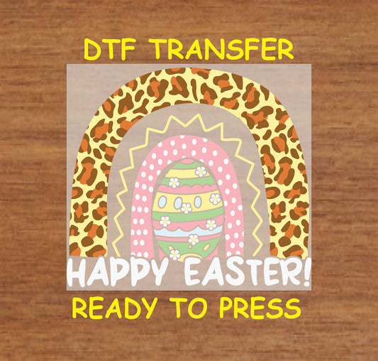 Leopard print arch with a pastel Easter egg and Happy Easter text, DTF transfer.
