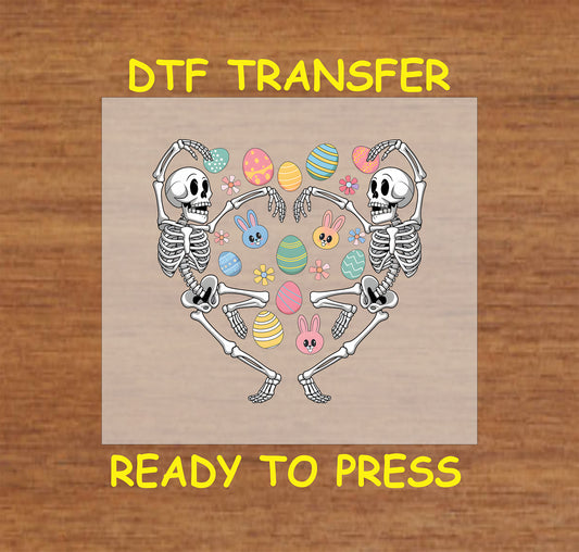 Skeletons forming a heart shape with pastel Easter eggs and bunny faces.