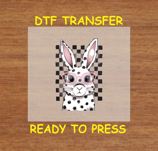 Black and white polka dot bunny with pink glasses on a checkered background.