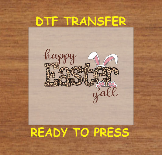 Leopard print "Happy Easter Y'all" text with bunny ears and paws.