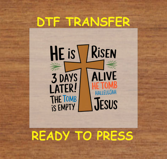 "He is Risen" text with a bold cross and scripture-inspired typography.