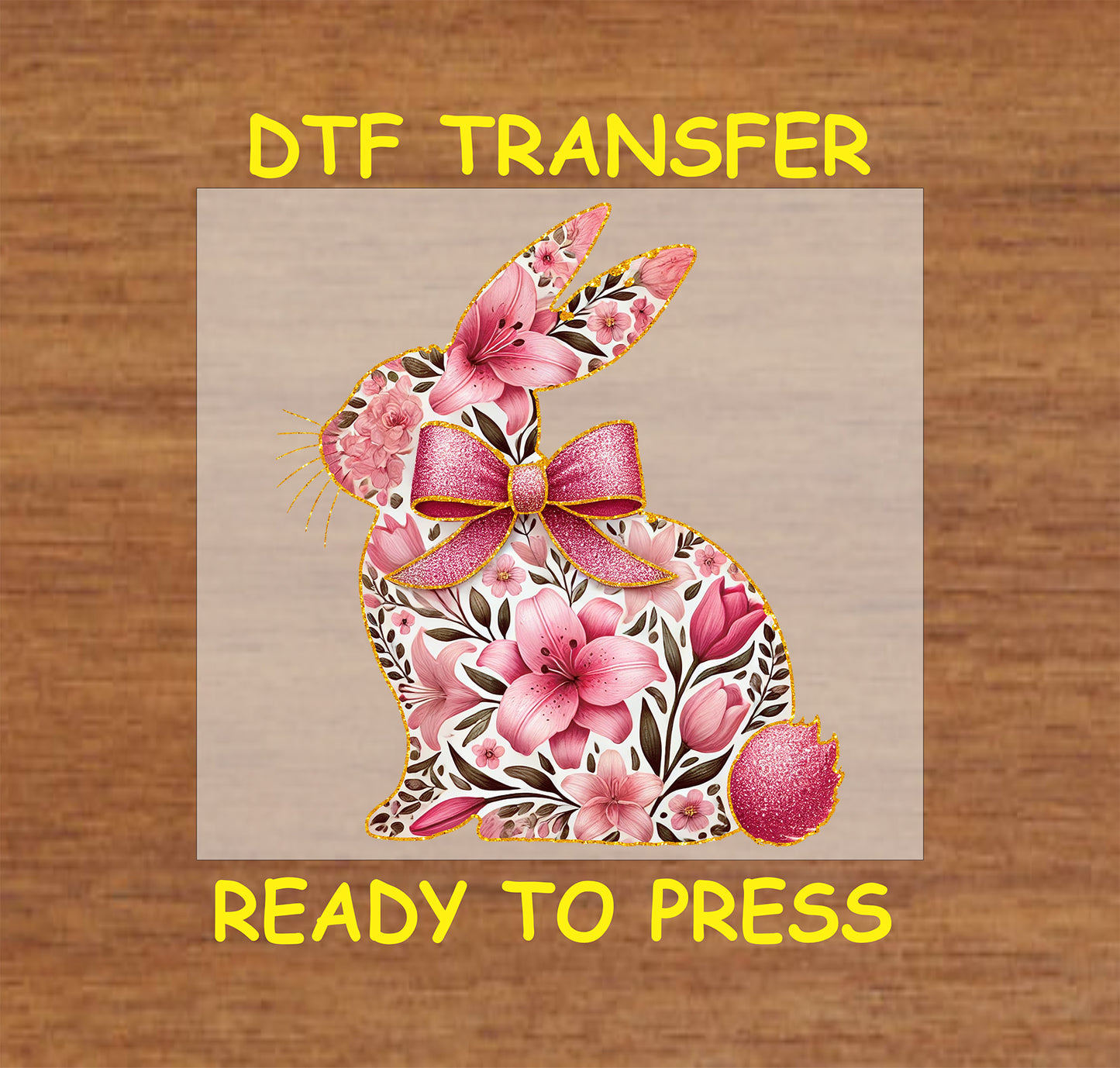 Bunny silhouette with pink floral pattern and a sparkling bow.