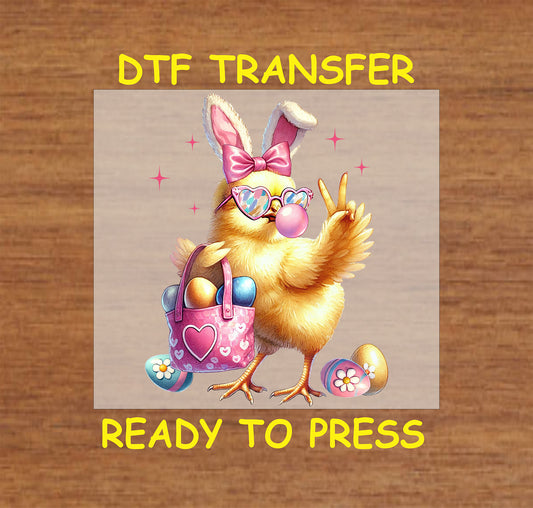 Yellow chick with bunny ears, sunglasses, and an Easter egg basket.