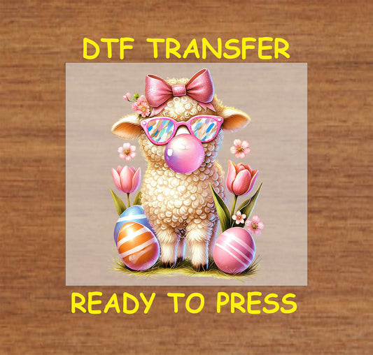 Fluffy Easter lamb with sunglasses, a pink bow, and bubble gum, surrounded by tulips and Easter eggs.