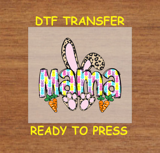 Mama Easter Bunny DTF transfer with colorful bunny-patterned letters, leopard print bunny ears, and carrots.