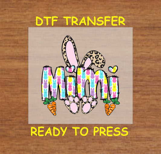 Mimi Easter Bunny DTF transfer with colorful bunny-patterned letters, leopard print bunny ears, and carrots.