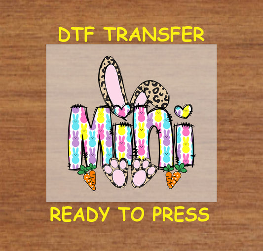 Mini Easter Bunny DTF transfer with pastel bunny-patterned letters, leopard print bunny ears, and carrots.