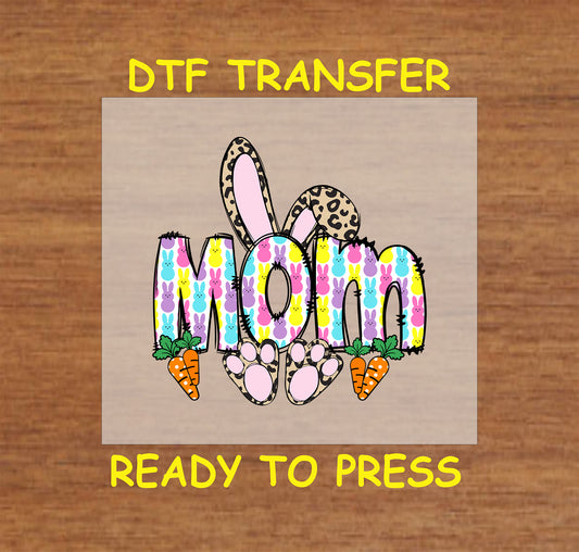 Mom Easter Bunny DTF transfer with pastel bunny-patterned letters, leopard print bunny ears, and carrots.