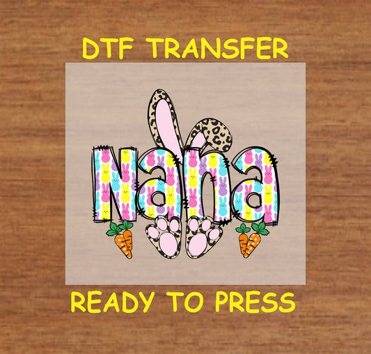 Nana Easter Bunny DTF transfer with pastel bunny-patterned letters, leopard print bunny ears, and carrots.