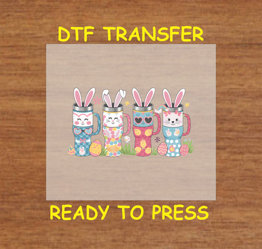 Easter Bunny Coffee Cups DTF transfer with four colorful coffee mugs styled as bunnies, decorated with spring designs and eggs.