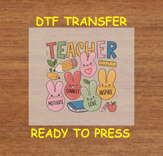 Teacher Easter DTF transfer with colorful bunnies, pencils, books, and school elements.