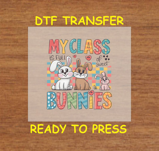My Class is Full of Bunnies DTF transfer with cute bunnies and colorful classroom-themed text.