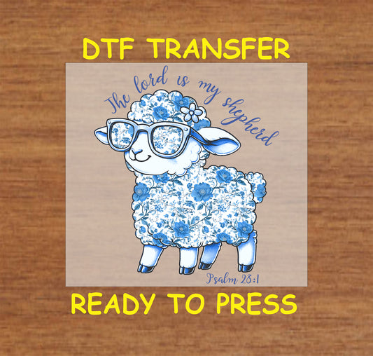 Blue floral sheep DTF transfer with glasses and Psalm 23:1 verse, "The Lord is my Shepherd."
