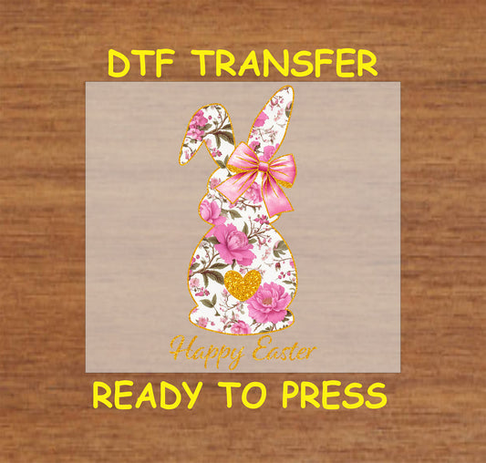 Easter DTF Transfer Iron On Heat Transfer - Ready to Press, Floral Bunny & Bow DTF Transfer | Ready to Press | Easter Design 4899