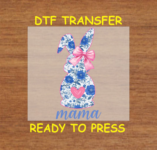 Floral bunny with pink bow and heart, "Mama" DTF transfer for spring and Easter projects.