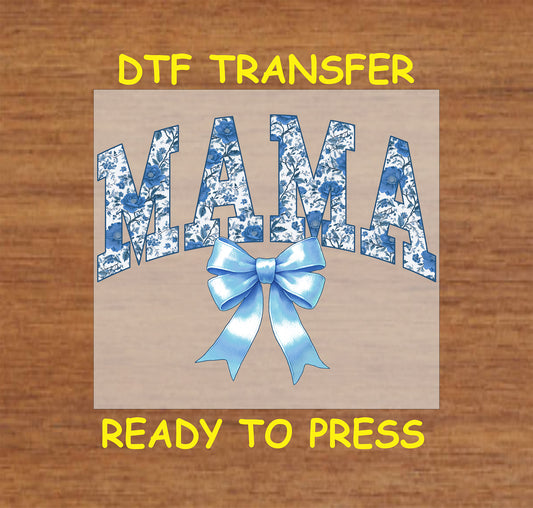 Floral "MAMA" DTF transfer with blue bow, perfect for Mother’s Day and spring projects.