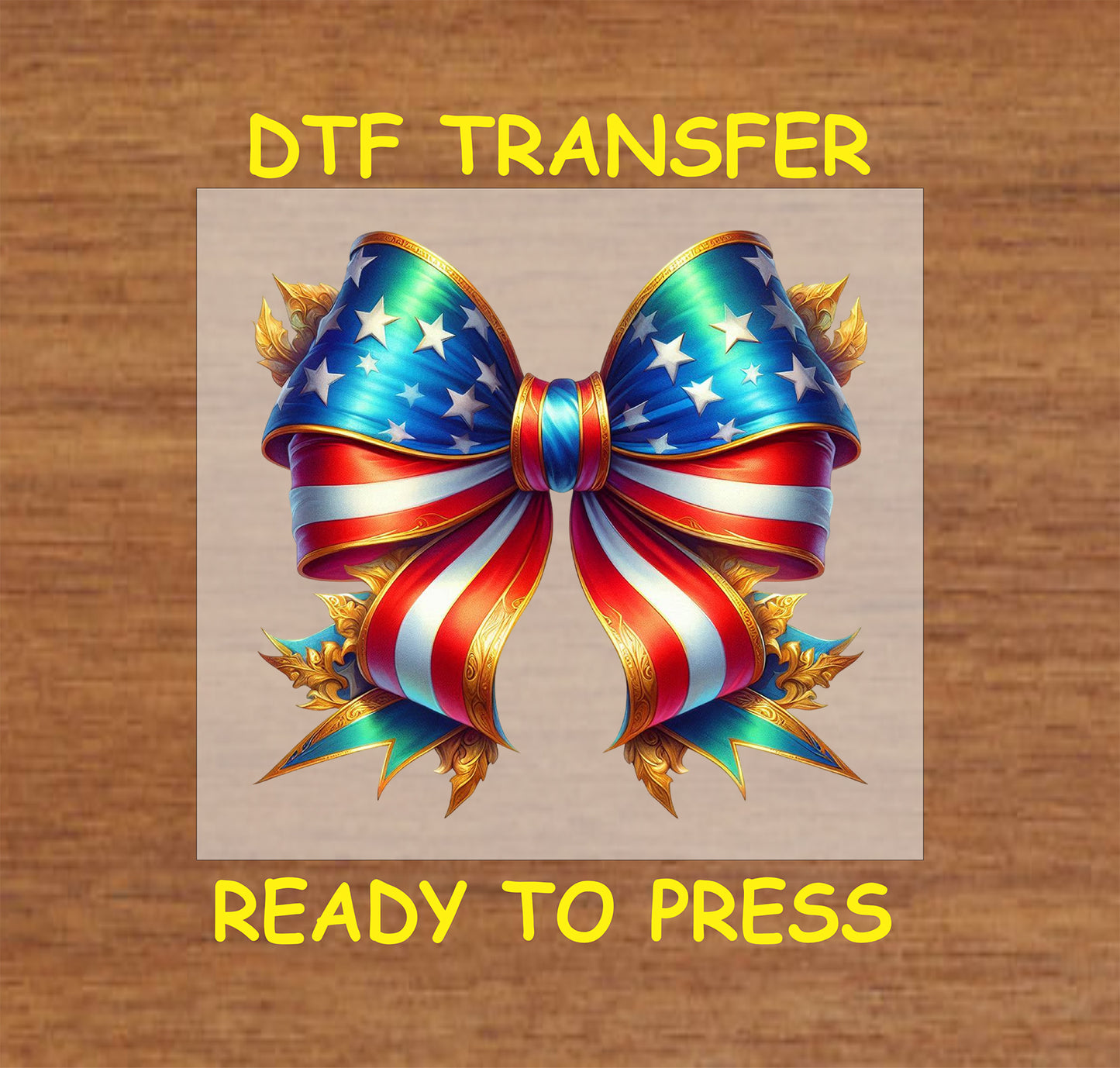 Red, white, and blue striped bow with stars and gold accents DTF transfer for patriotic celebrations.