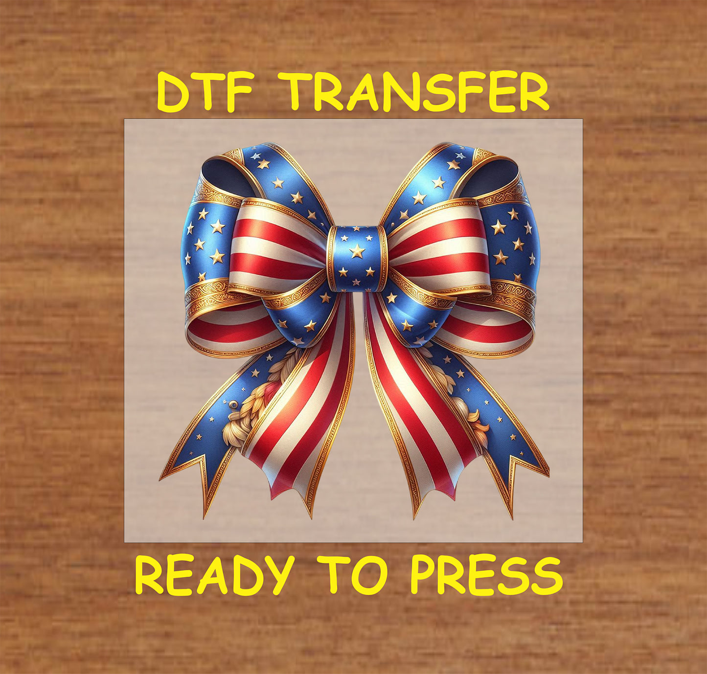 Patriotic red, white, and blue bow DTF transfer with golden accents for 4th of July.