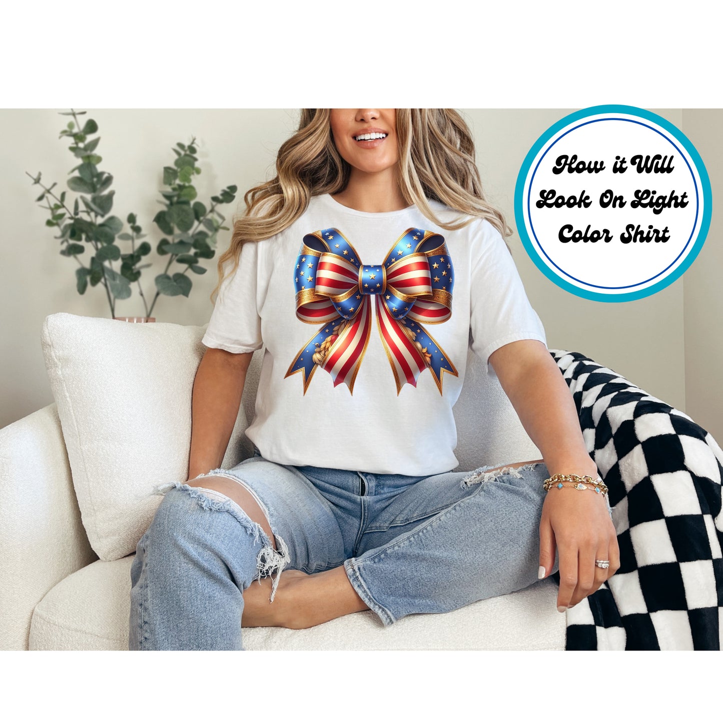 4th of July DTF Transfer Iron On Heat Transfer - Ready to Press, Golden Patriotic Bow DTF Transfer | Ready to Press | 4th of July Design 4913