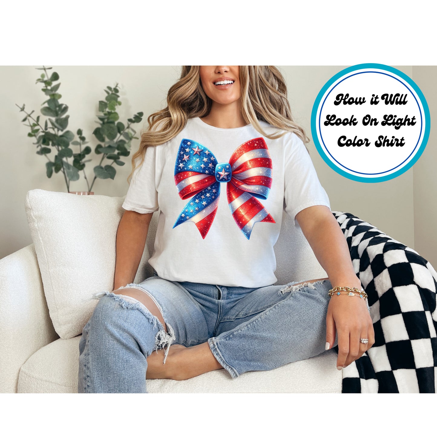 4th of July DTF Transfer Iron On Heat Transfer - Ready to Press, Glitter Patriotic Bow DTF Transfer | Ready to Press | 4th of July Design 4919