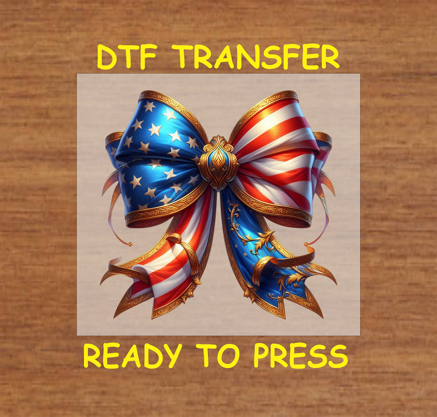 Patriotic red, white, and blue bow with stars and gold accents for Fourth of July DTF transfer.