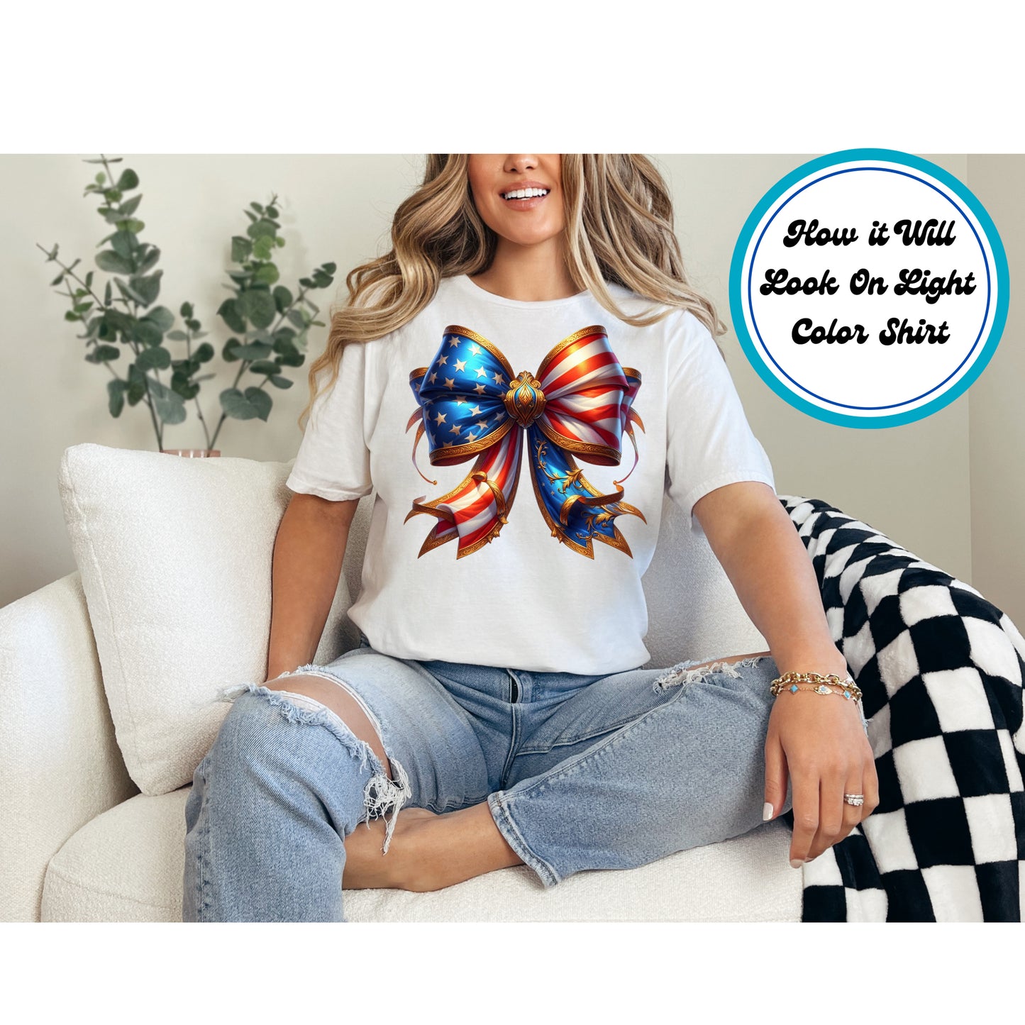 4th of July DTF Transfer Iron On Heat Transfer - Ready to Press, Golden Patriotic Bow DTF Transfer | Ready to Press | 4th of July Design 4927