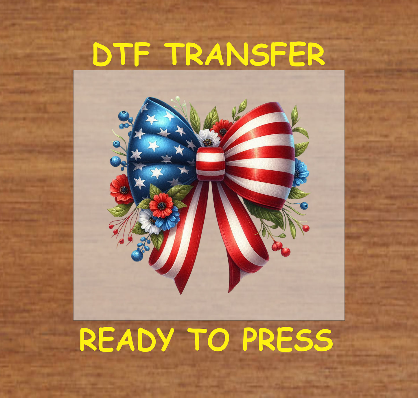 Patriotic bow with red, white, and blue ribbons and flowers for Fourth of July DTF transfer.