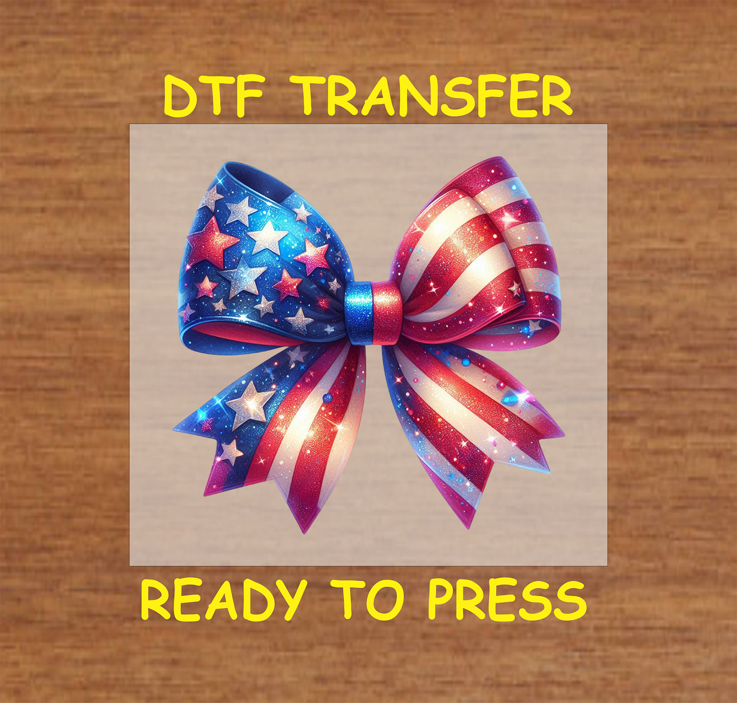 Glittering red, white, and blue stars and stripes bow DTF transfer for Fourth of July.