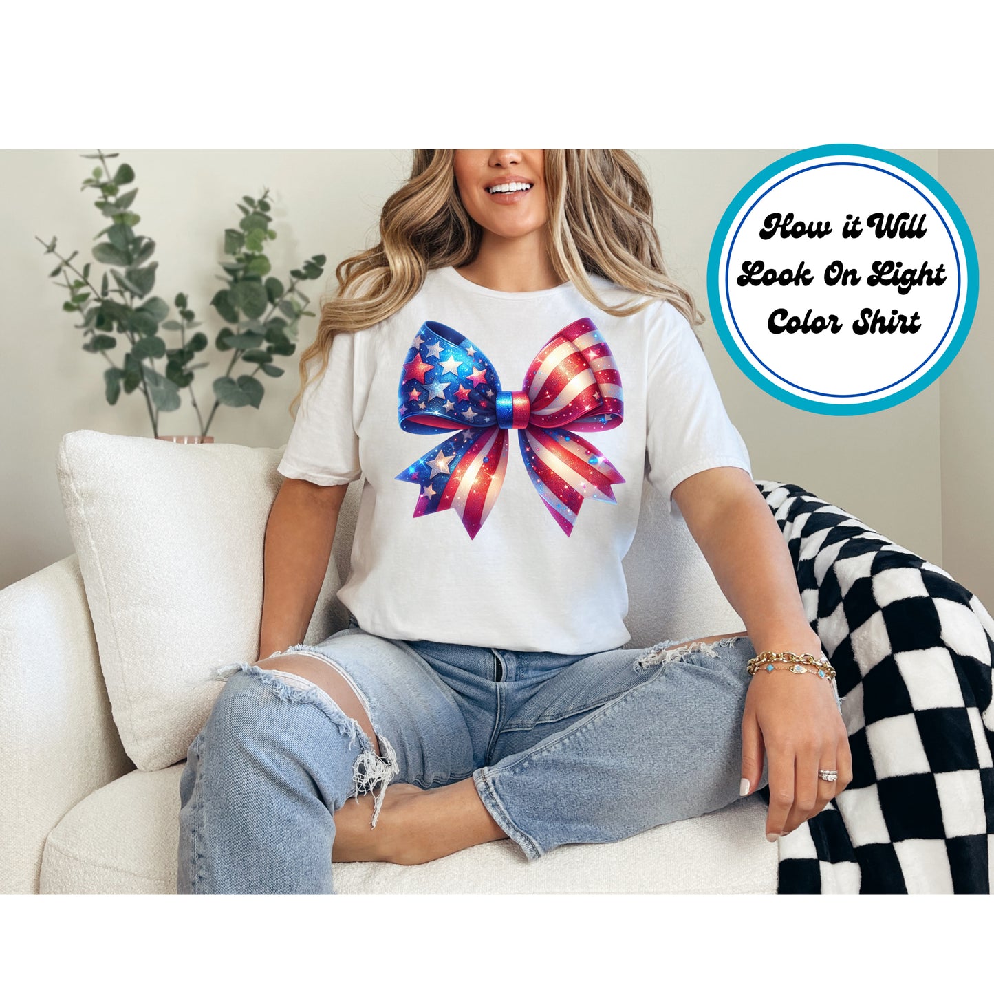 4th of July DTF Transfer Iron On Heat Transfer - Ready to Press, Glitter Patriotic Bow DTF Transfer | Ready to Press | 4th of July Design 4934