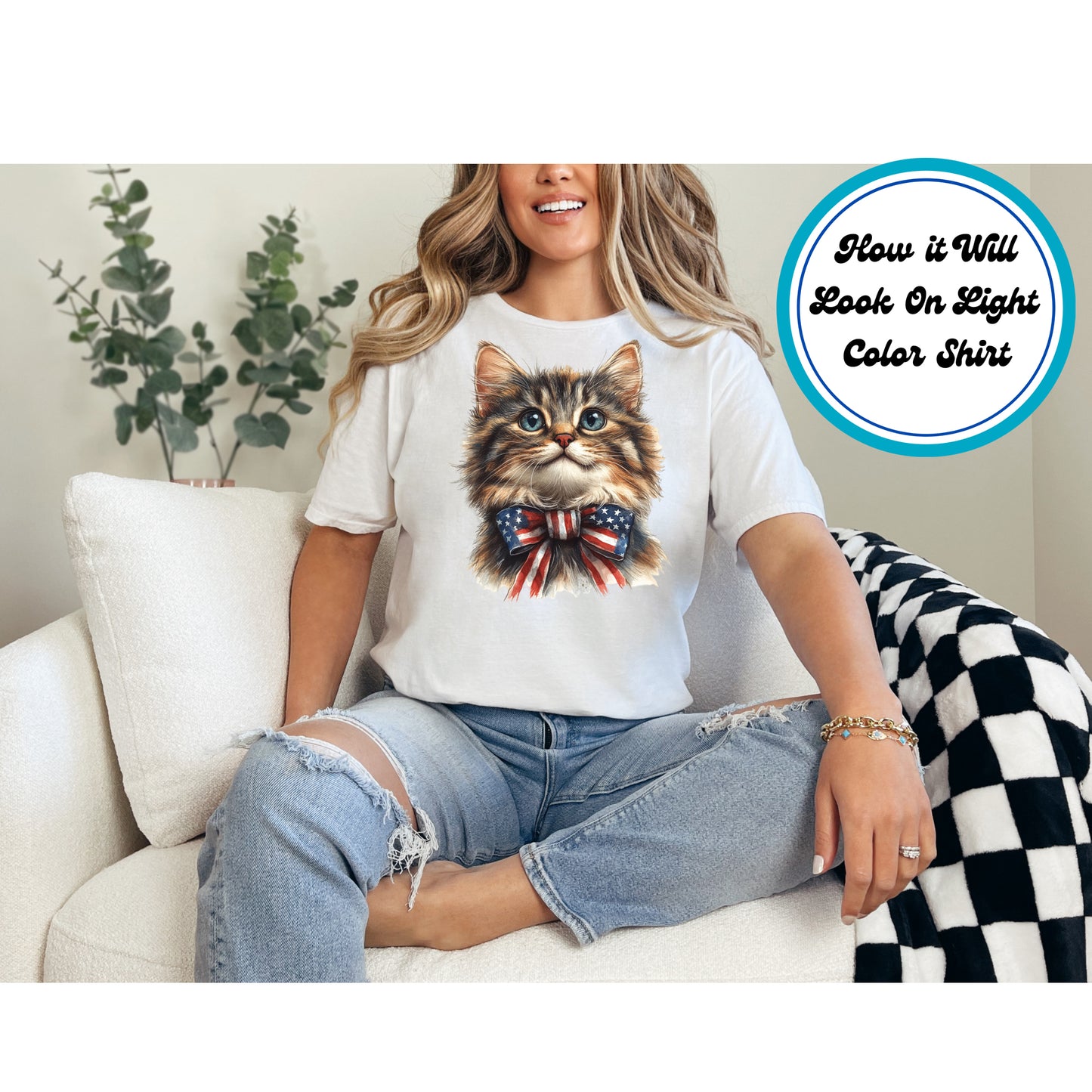 4th of July DTF Transfer Iron On Heat Transfer - Ready to Press, Cat With Patriotic Bow DTF Transfer | Ready to Press | 4th of July Design 4935