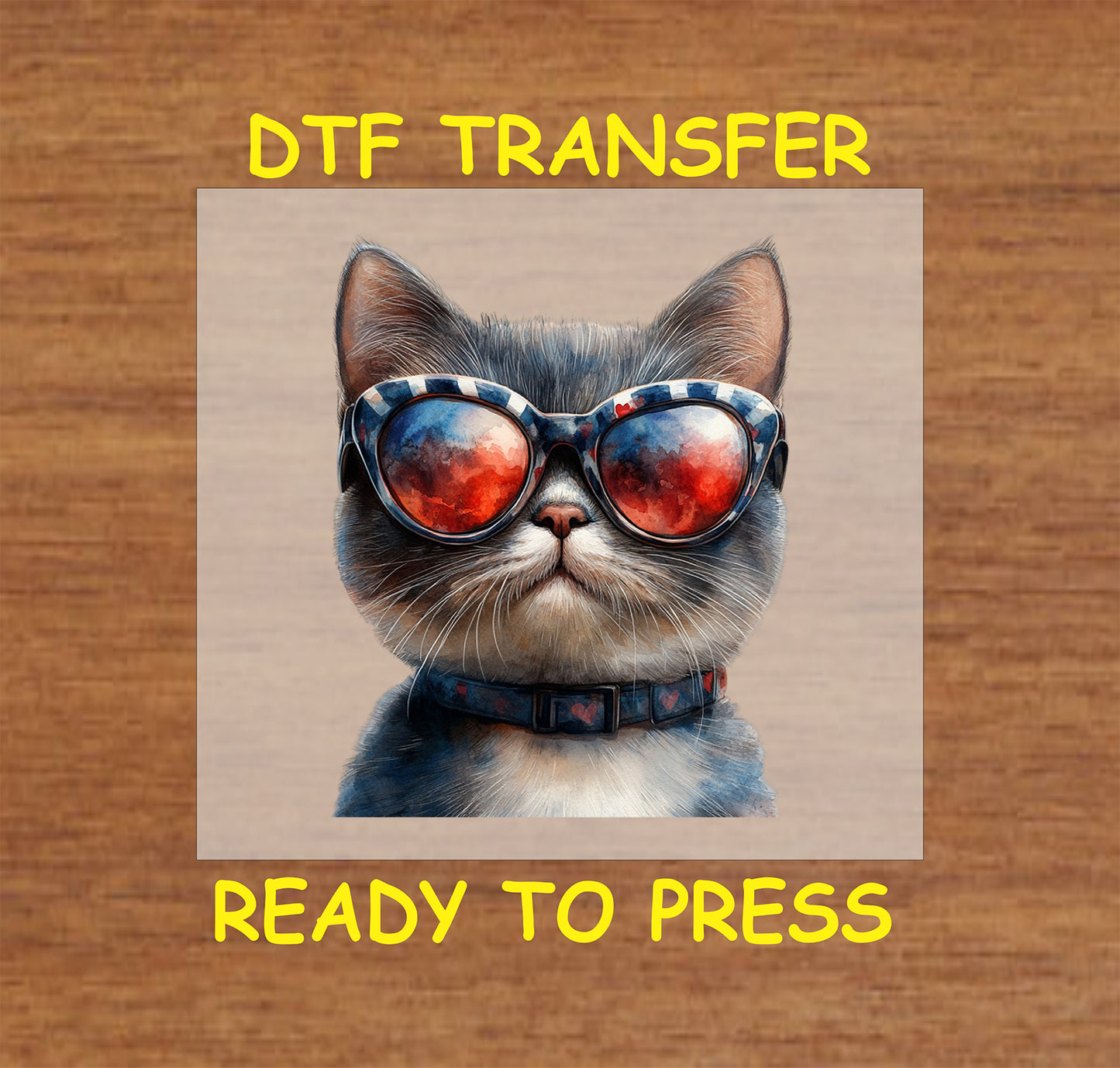Cat wearing patriotic sunglasses reflecting fireworks DTF transfer for 4th of July.