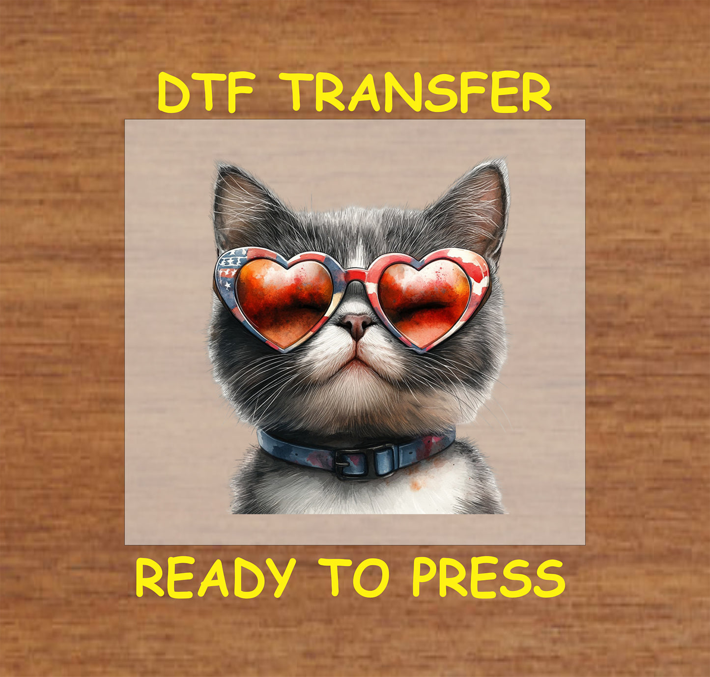 Cat wearing heart-shaped patriotic sunglasses reflecting fireworks DTF transfer.