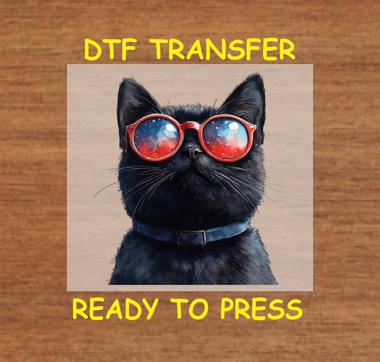 Black cat wearing patriotic sunglasses reflecting fireworks DTF transfer for 4th of July.